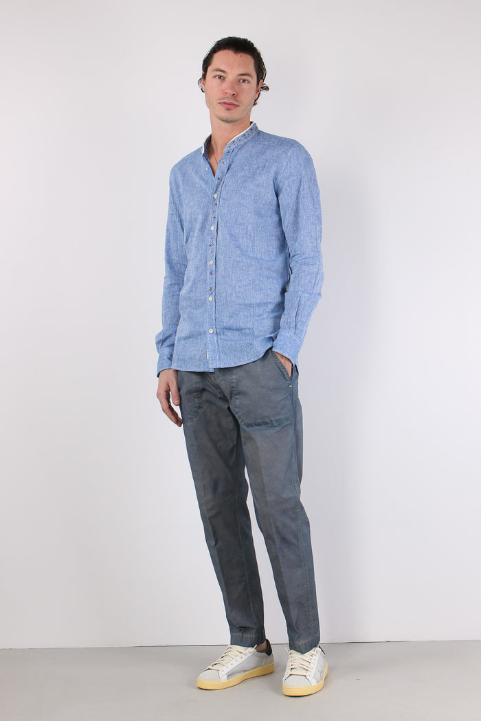 Camicia Lino Ricami Colletto Blu-6