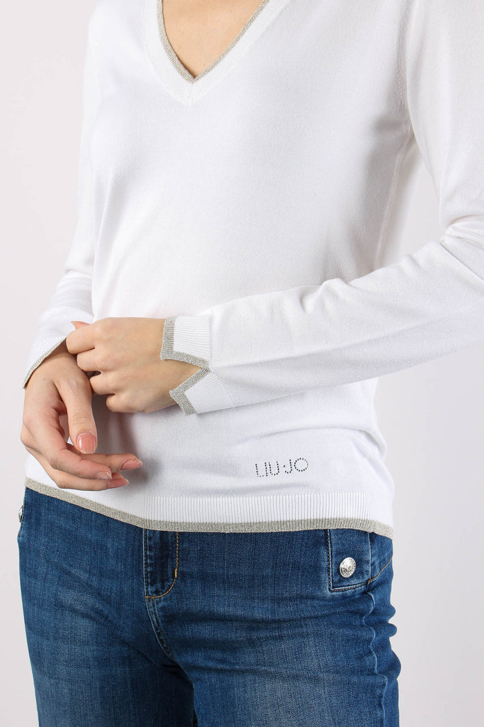 Maglia Scavo V Inserto Lurex Bianco Lana-7