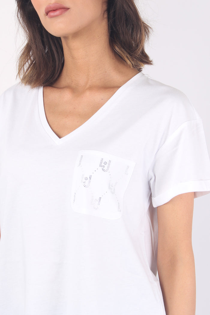 T-shirt V Taschino Logo Strass Bianco Liujo-8