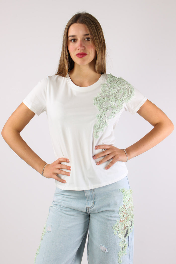 T-shrit Inserto Pizzo Paillettes Bianco-3