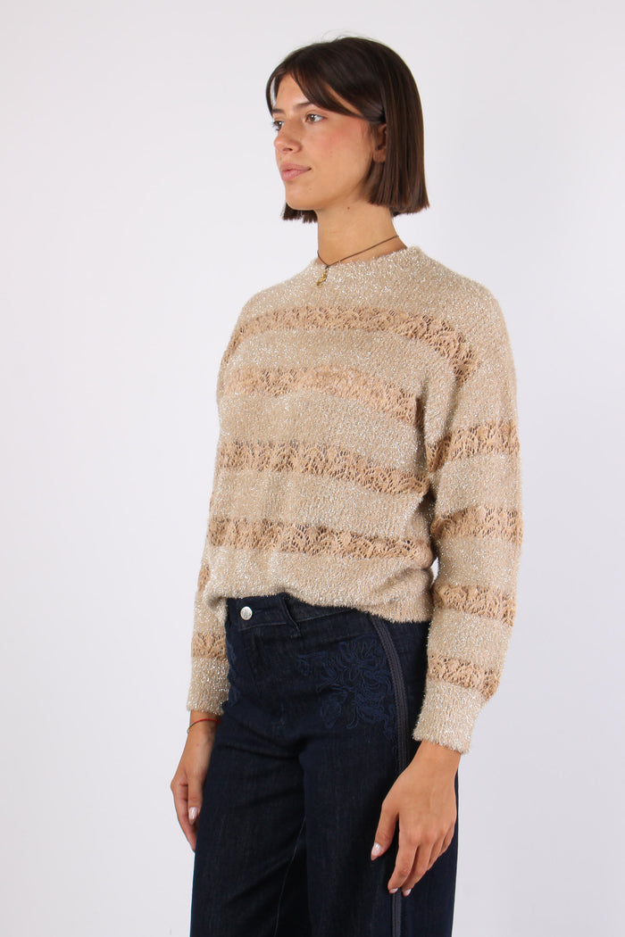 Maglia Riga Lurex Inserto Pizzo Crema-4