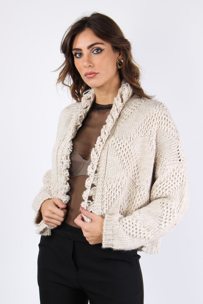 Cardigan Corto Effetto Uncinet Beige-2