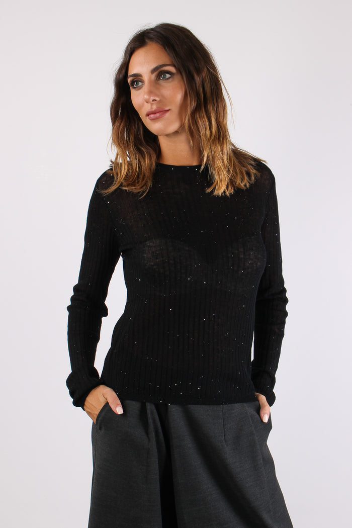 Maglia Girocollo Inserto Paill Nero-6