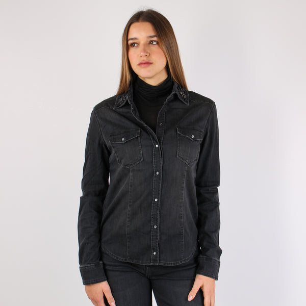 Camicia Denim Colletto Applica Denim Grigio-2