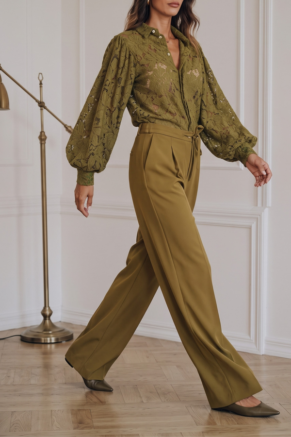 Camicia Pizzo Lana Manica Ampi Olio