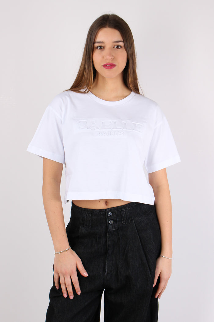 T-shirt Crop Logo Tono Su Tono Bianco