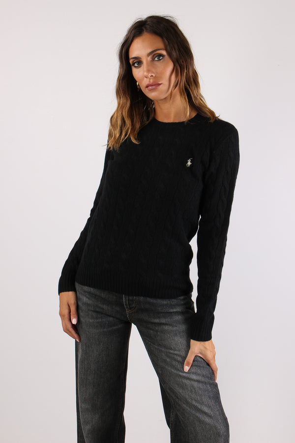 Maglia Girocollo Trecce Misto Lana Polo Black-2