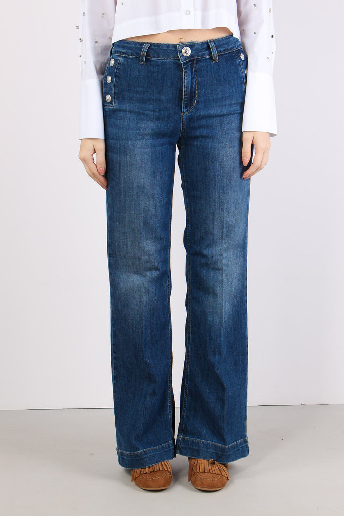 Jeans Flare Bottoni Argento Denim Scuro-2