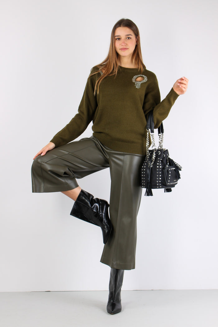 Maglia Aperture Davanti Strass Military Green-7