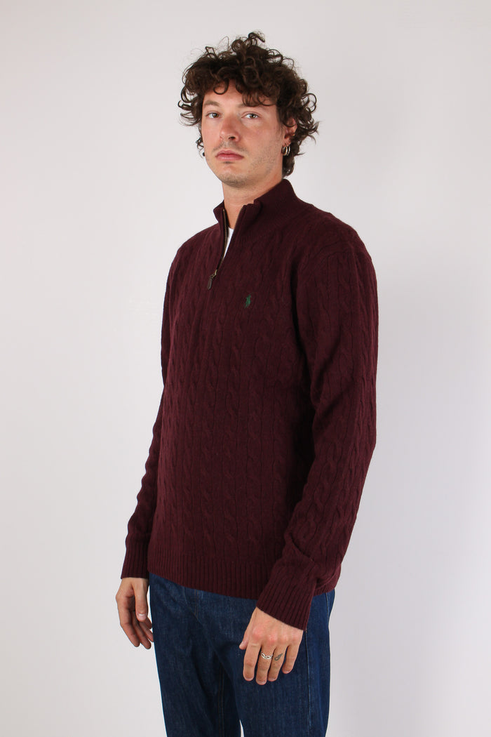 Maglia Mezza Zip Trecce Lana Wine Heather-3