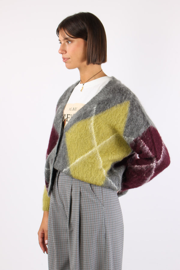 Cardigan Garzato Maxi Rombo Grigio/olio/bordeaux-2