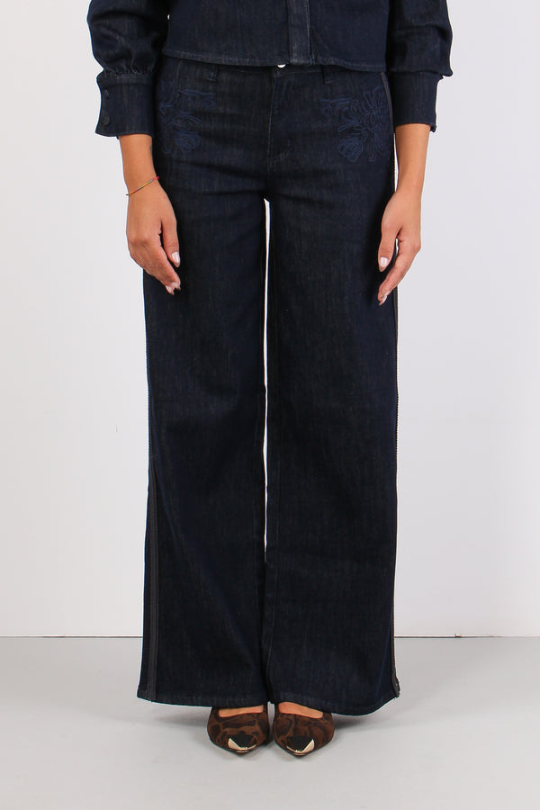 Denim Flare Ricami Davanti Denim Scuro-2