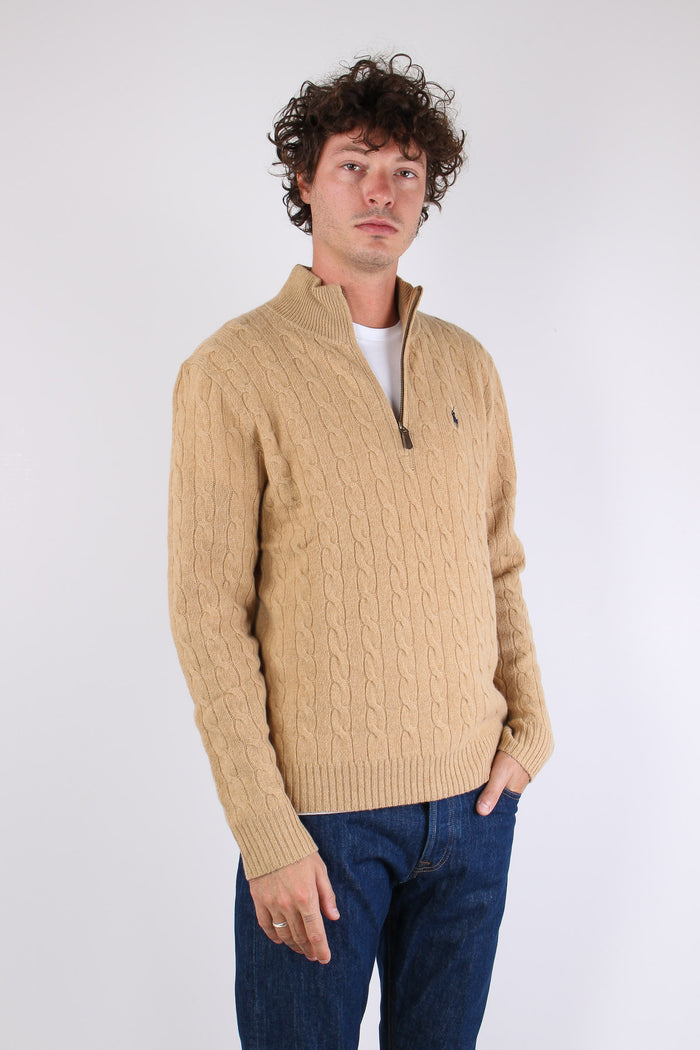 Maglia Mezza Zip Trecce Lana Camel Melange-7