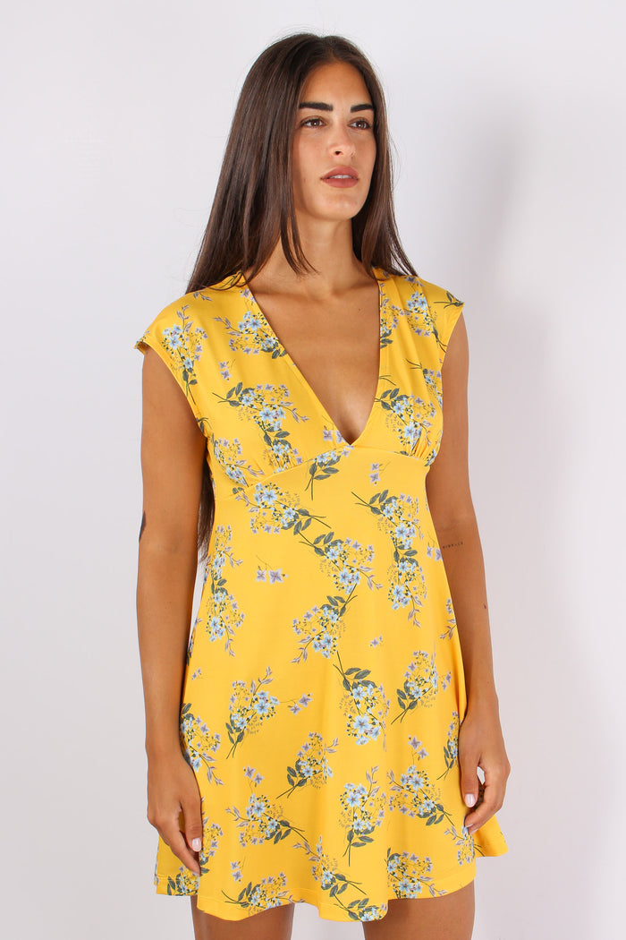 Abito Scollo V Fantasia Fiori Giallo-7