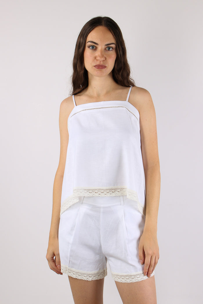Top Smanicato Viscosa Lino Bianco