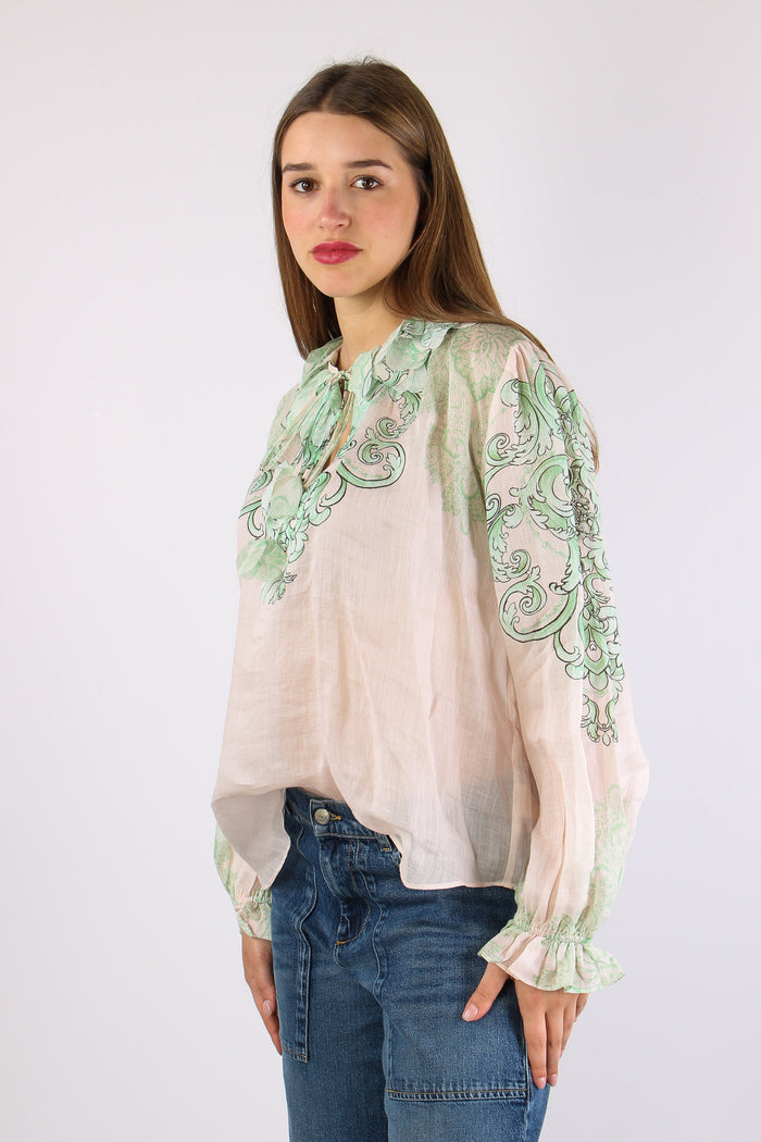 Camicia Lino Fantasia Inserto Nappine Crema/verde-7
