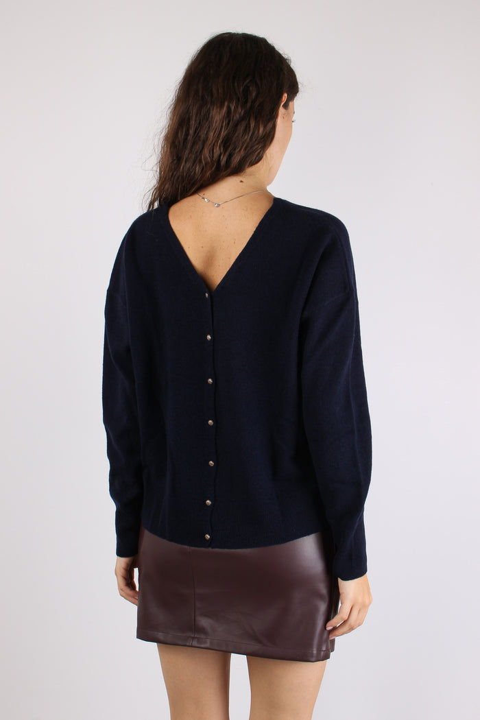 Maglia Scollo V Bottoni Schiena Blu Notte-5
