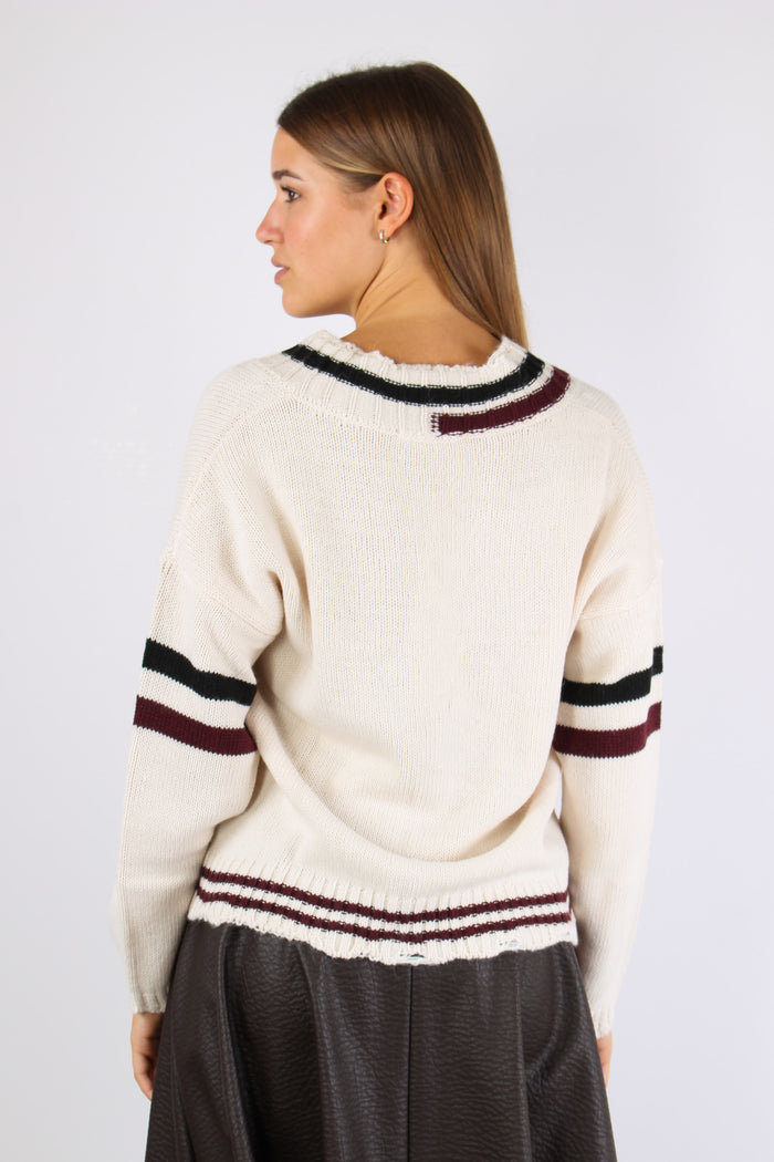 Maglia Lana Scavo V Righe Bianco Burro-4