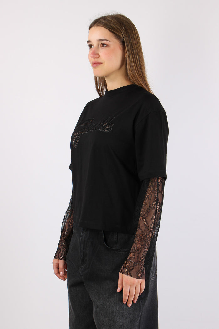 T-shirt Cotone Logo Pizzo Nero-7