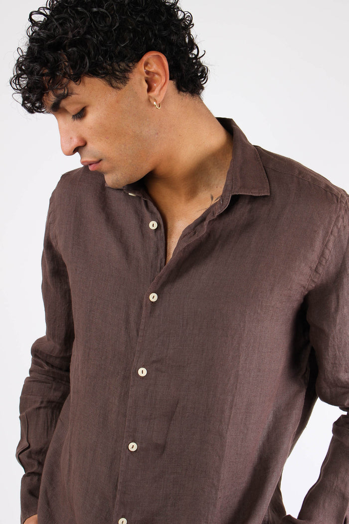 Camicia Classica Lino Marrone-6