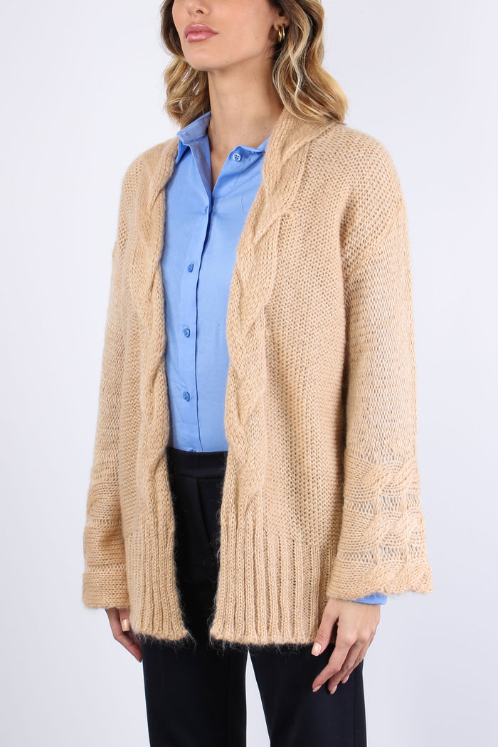 Cardigan Inserto Treccia Cammello-6