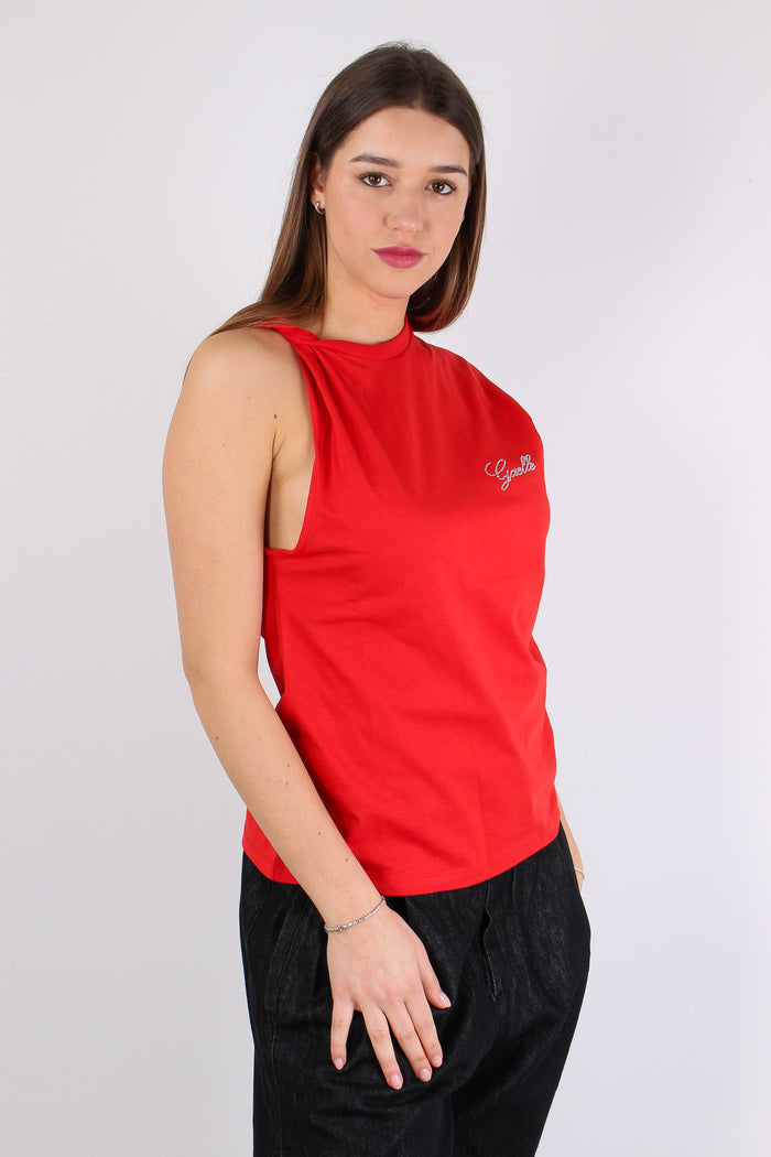 T-shirt Asimmetrica Logo Stras Rosso-4