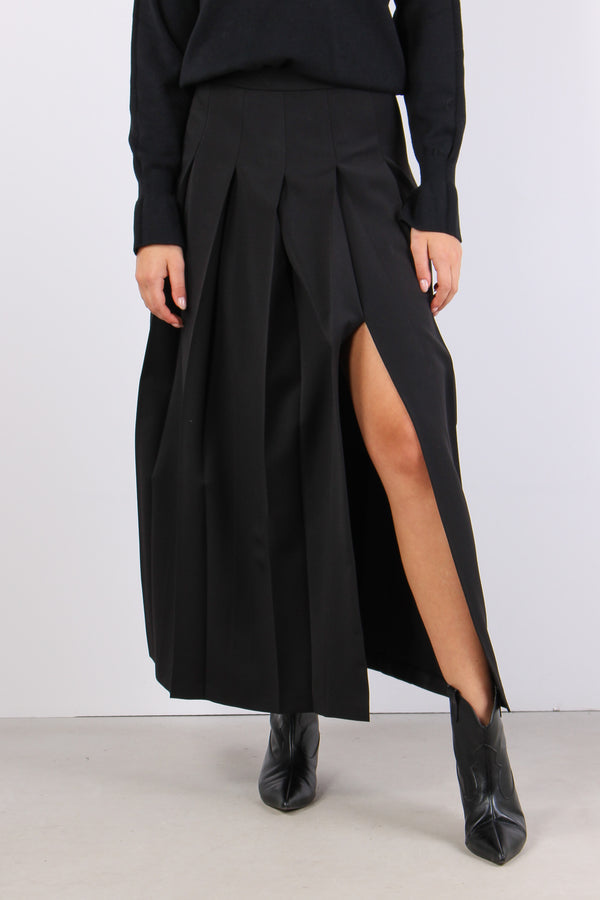 Gonna Lunga Pieghe Spacco Nero-2