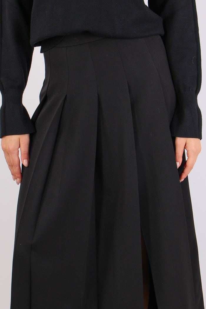 Gonna Lunga Pieghe Spacco Nero-7