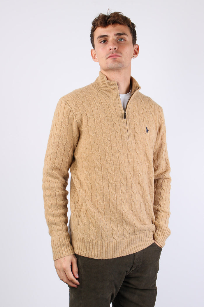 Pullover Mezza Zip Lana Trecce Camel Melange-3