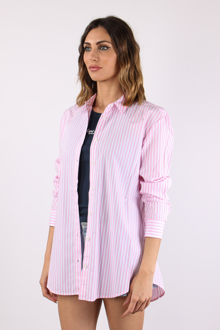Camicia Cotone Riga Ricamo Schiena Bianco/rosa-5
