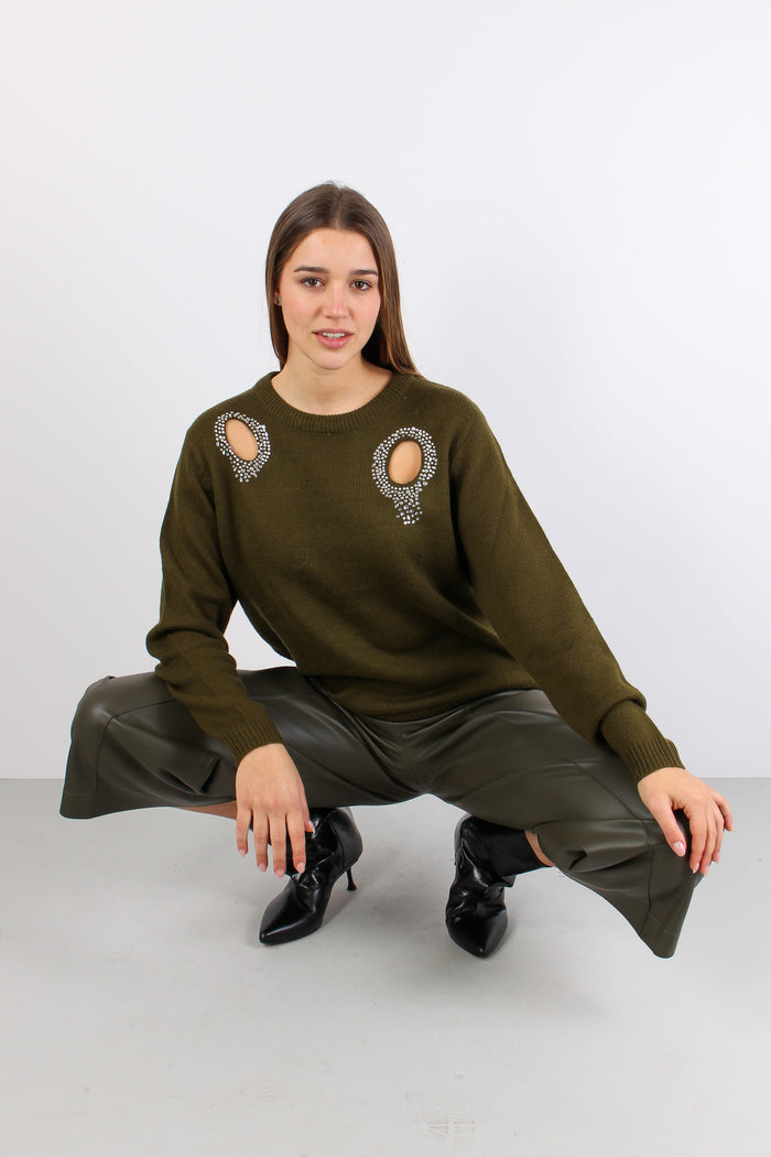 Maglia Aperture Davanti Strass Military Green-8