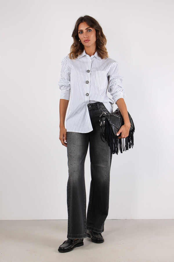 Manacora Camicia Riga Bottoni Gioiello Milk