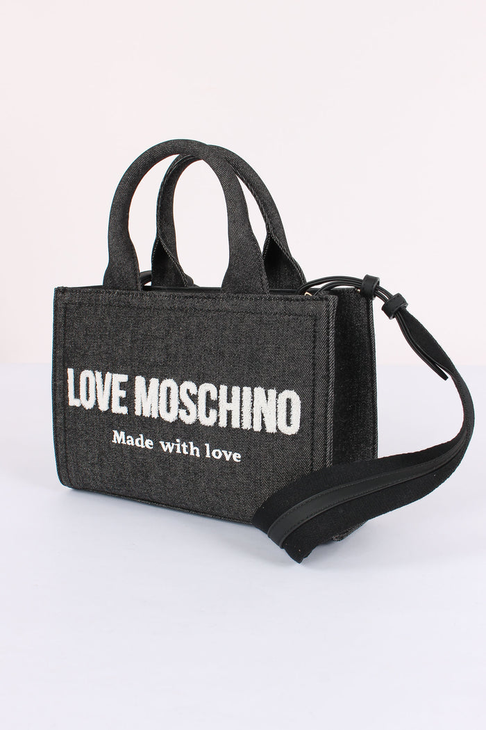 Mini Shopping Effetto Denim Denim Nero-4