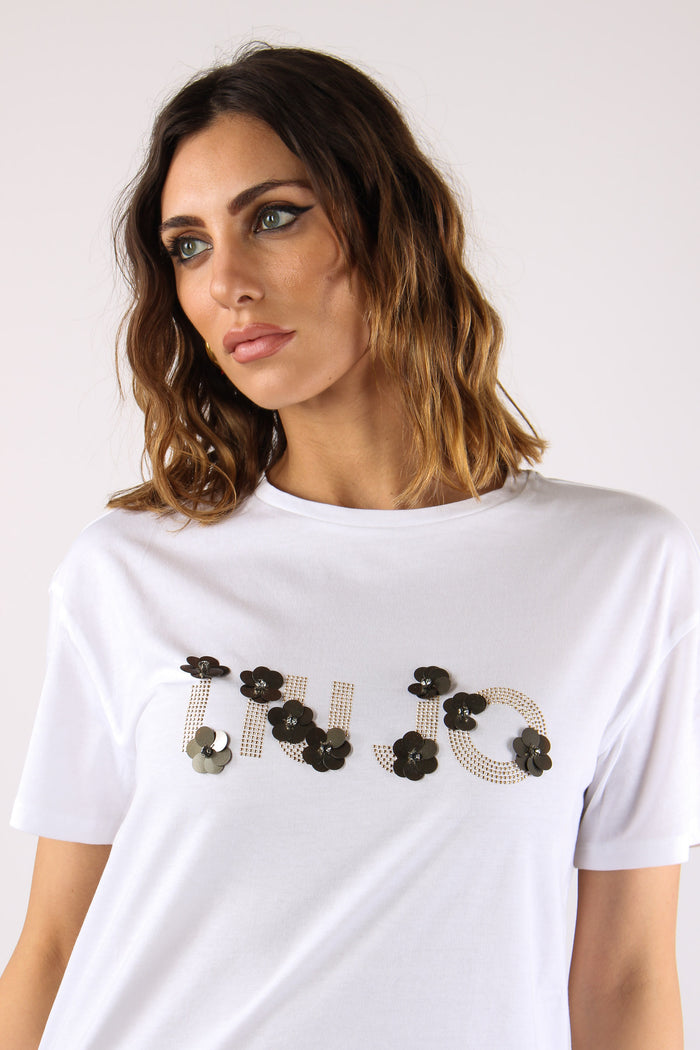 T-shirt Scritta Applicazioni Bianco Liujo-7