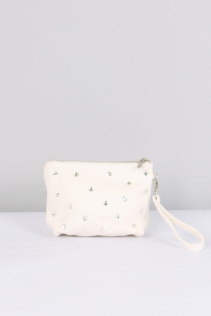 Mini Pochette Canvas Strass Bianco-3