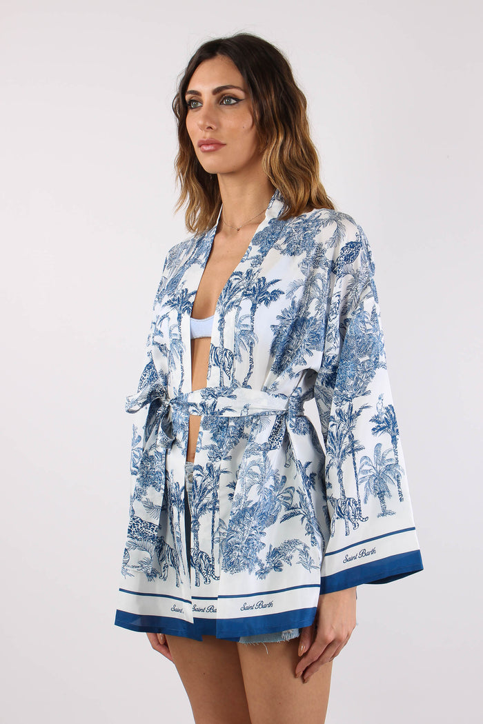 Kimono Cintura Fantasia Palme Bianco/blu-3