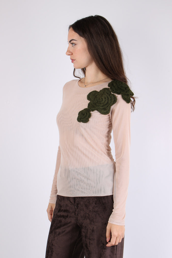 T-shirt Tulle Applicazione Ros Military/nude-5
