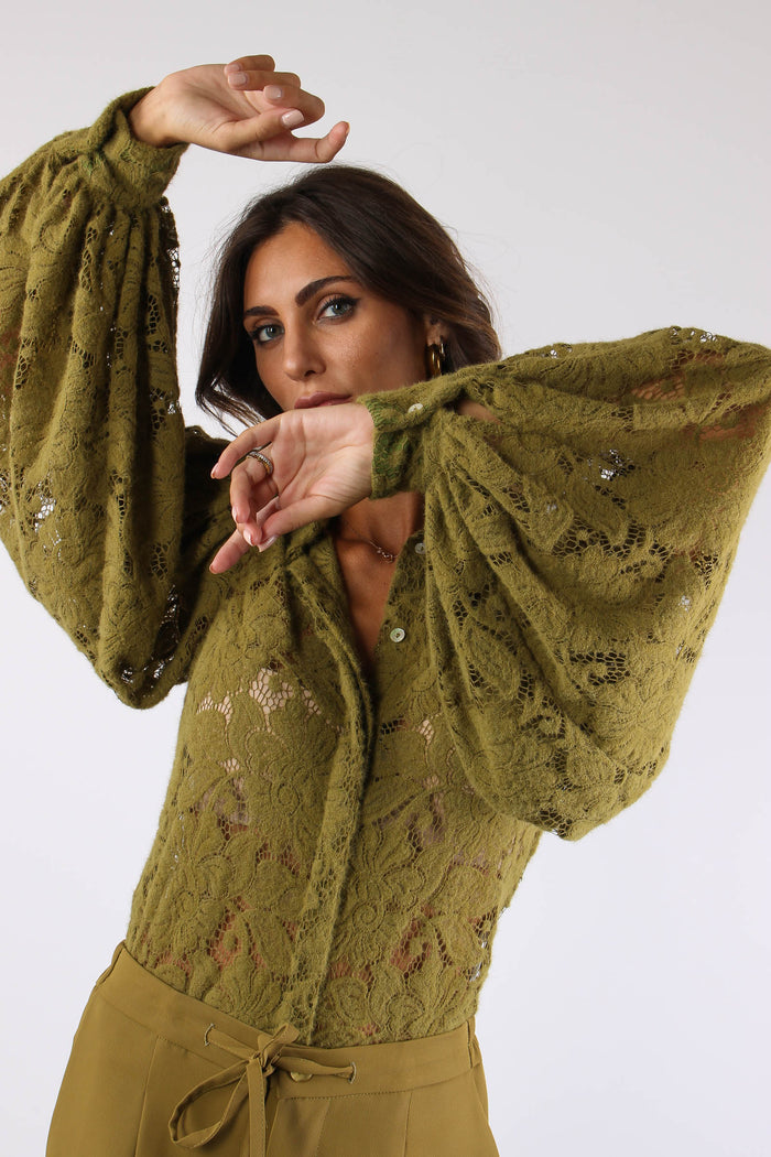 Camicia Pizzo Lana Manica Ampi Olio-6