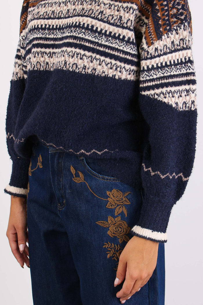 Maglia Jacquard Lurex Cammello/blu-7