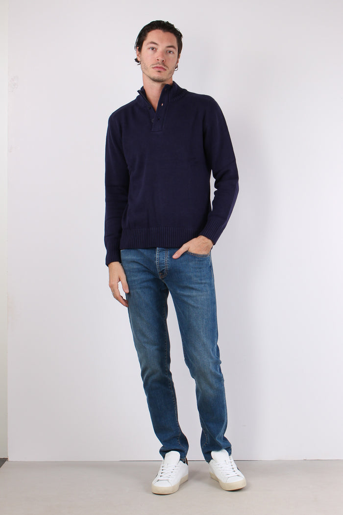 Collo Alto 3 Bottoni Cotone Poseidon Blue