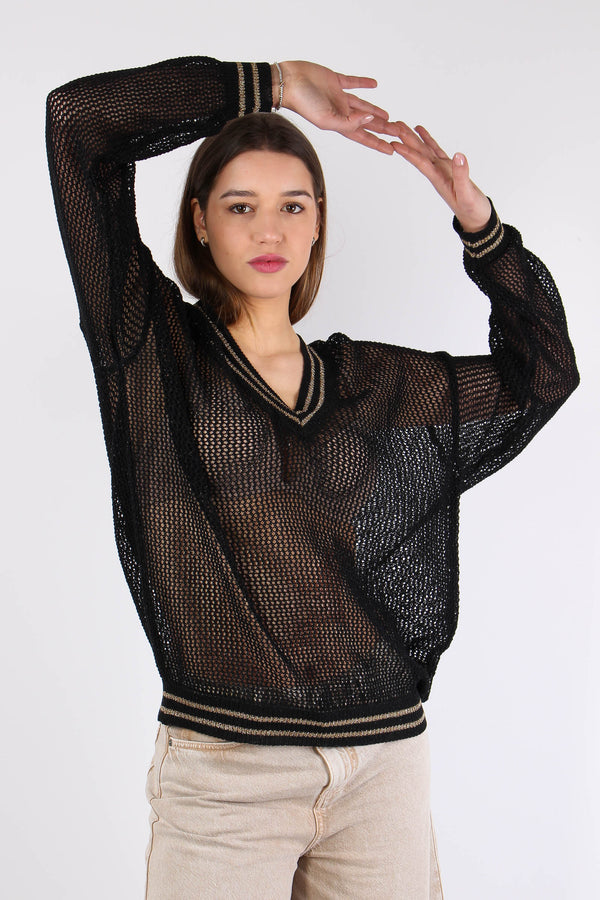 Maglia Scollo V Traforata Nero-2