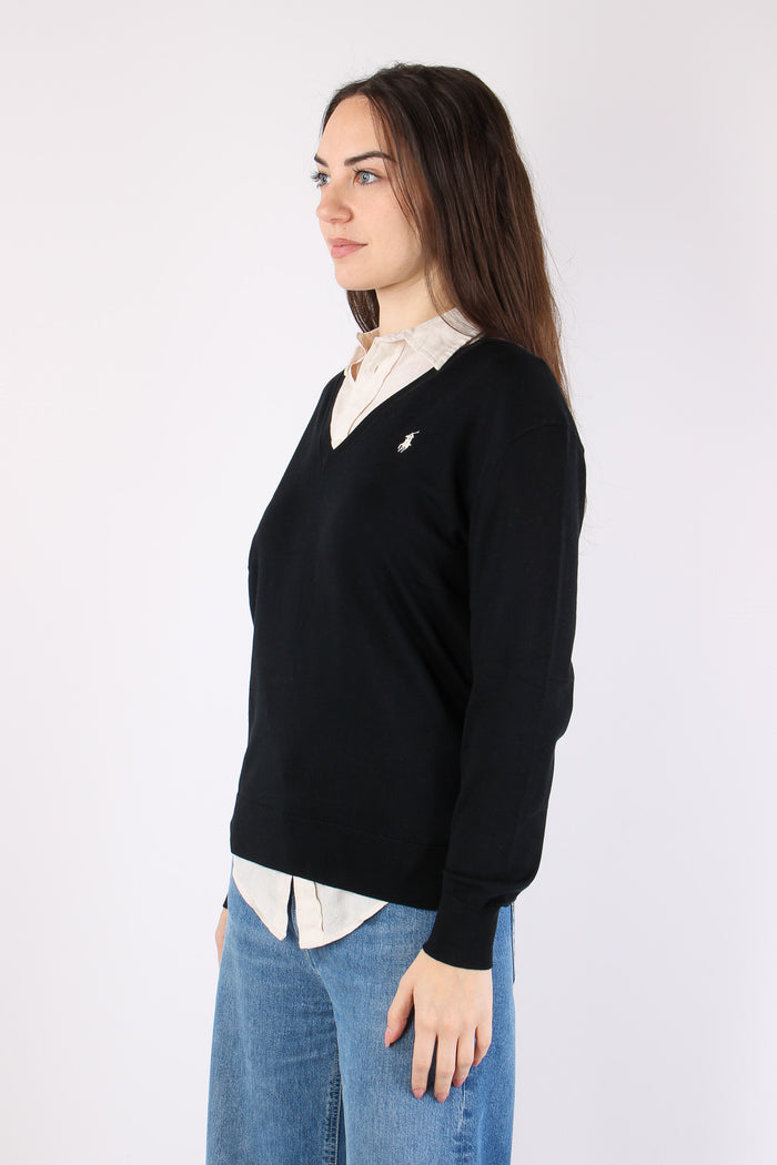 Pullover Cotone Scollo V Polo Black-6
