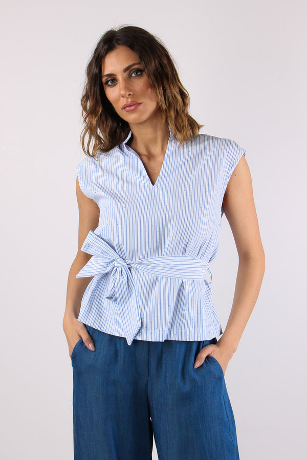 Camicia Smanicata Strass Cintu Blu-2