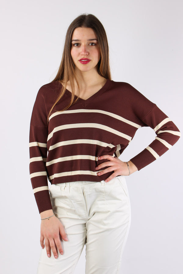 Maglia Scollo V Righe Moro/panna-2