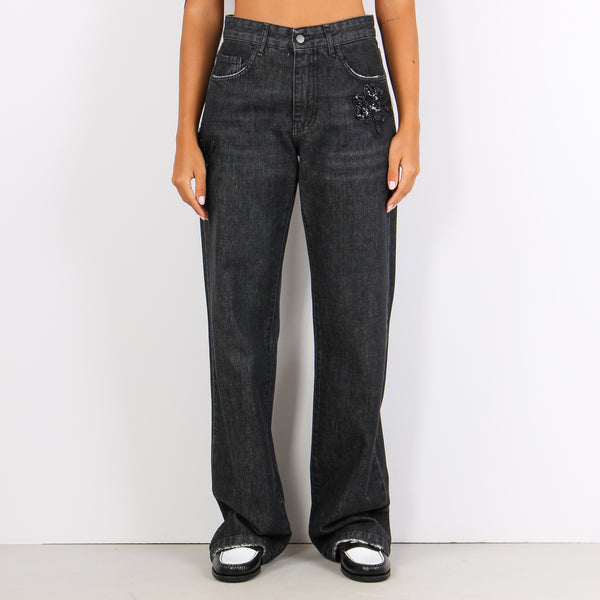 Dewen Denim Applicazione Fiore Nero-2