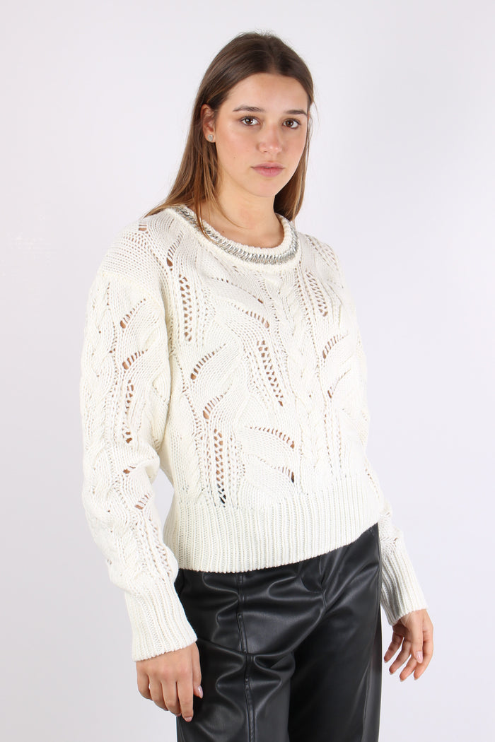 Maglia Slim Inserto Strass Bianco Lana-7