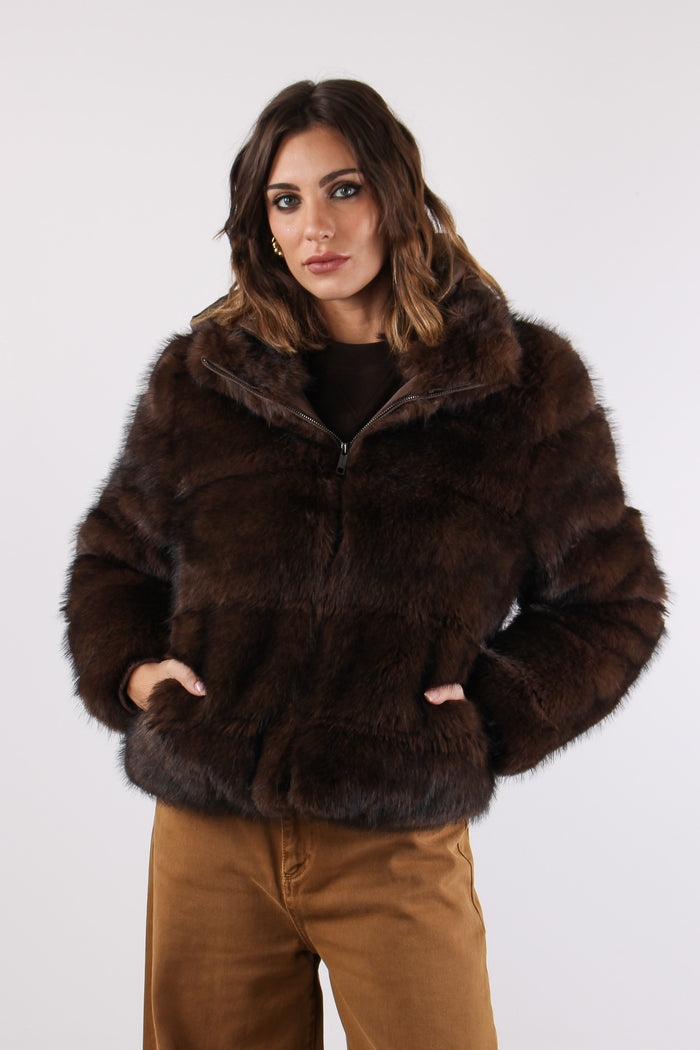 Pelliccia Corta Polsino Maglia Dark Brown-2