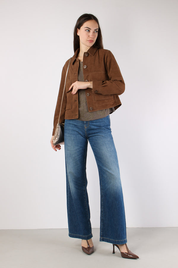 Giubbotto Corto Pelle Tasche Applicate Marron Glace