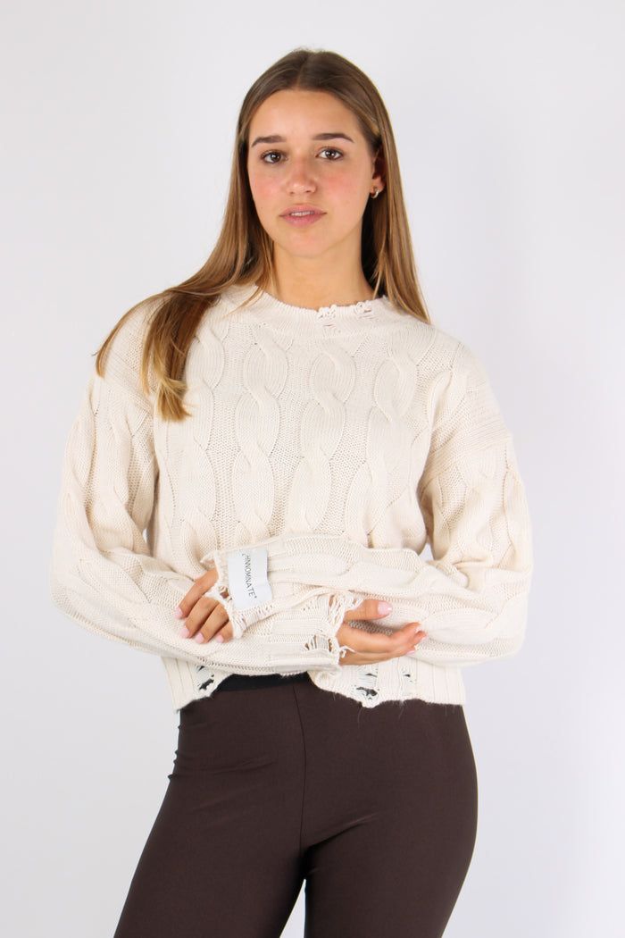 Maglia Treccia Rotture Bianco Burro-2