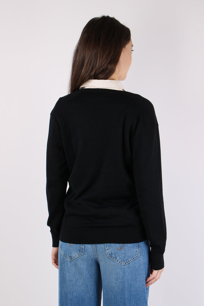 Pullover Cotone Scollo V Polo Black-4